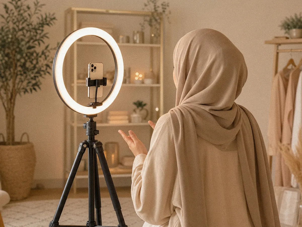 Muslim business owner filming brand content with a ring light