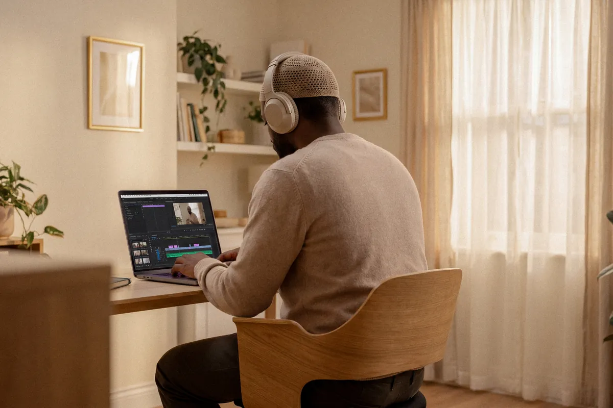 Muslim creator editing a video at his desk